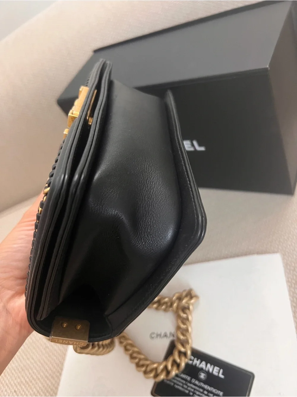 CHANEL Black Quilted Leather Shoulder Boy Bag with Gold Hardware